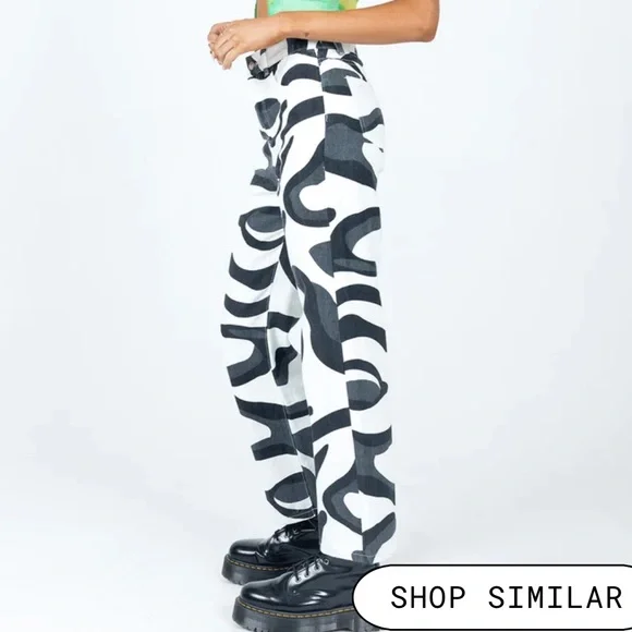 Princess Polly Black and White Printed Straight Leg Jeans - Picture 3 of 5